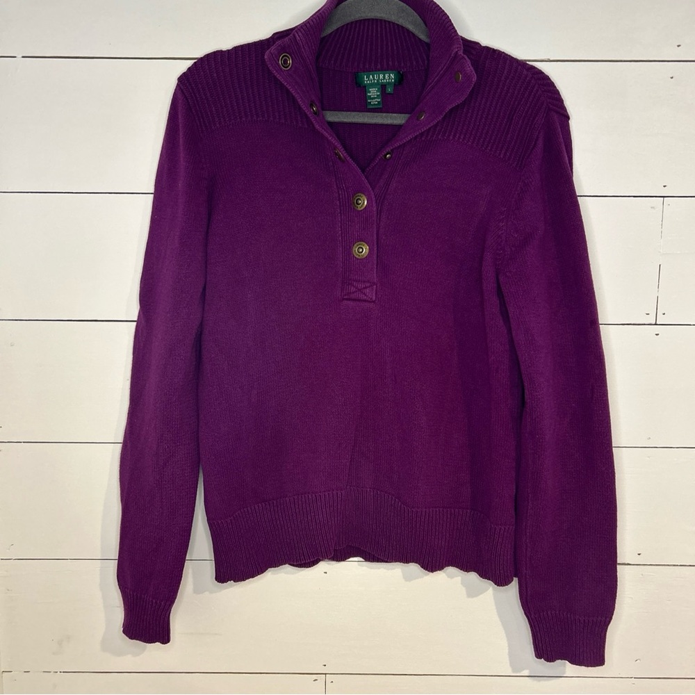 Lauren Ralph Lauren purple quarter button cotton knit pullover sweater size L